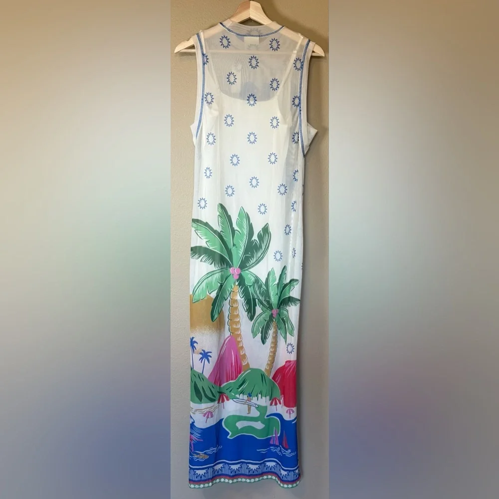 Farm Rio Rio De Janeiro Graphic Mesh Midi Dress Multicolor NWT Size XS - Picture 3 of 11